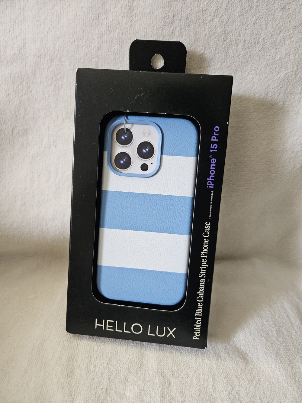 NIB HELLO LUX Blue Cabana Stripe Pebbled Leather iPhone 15 Pro Case